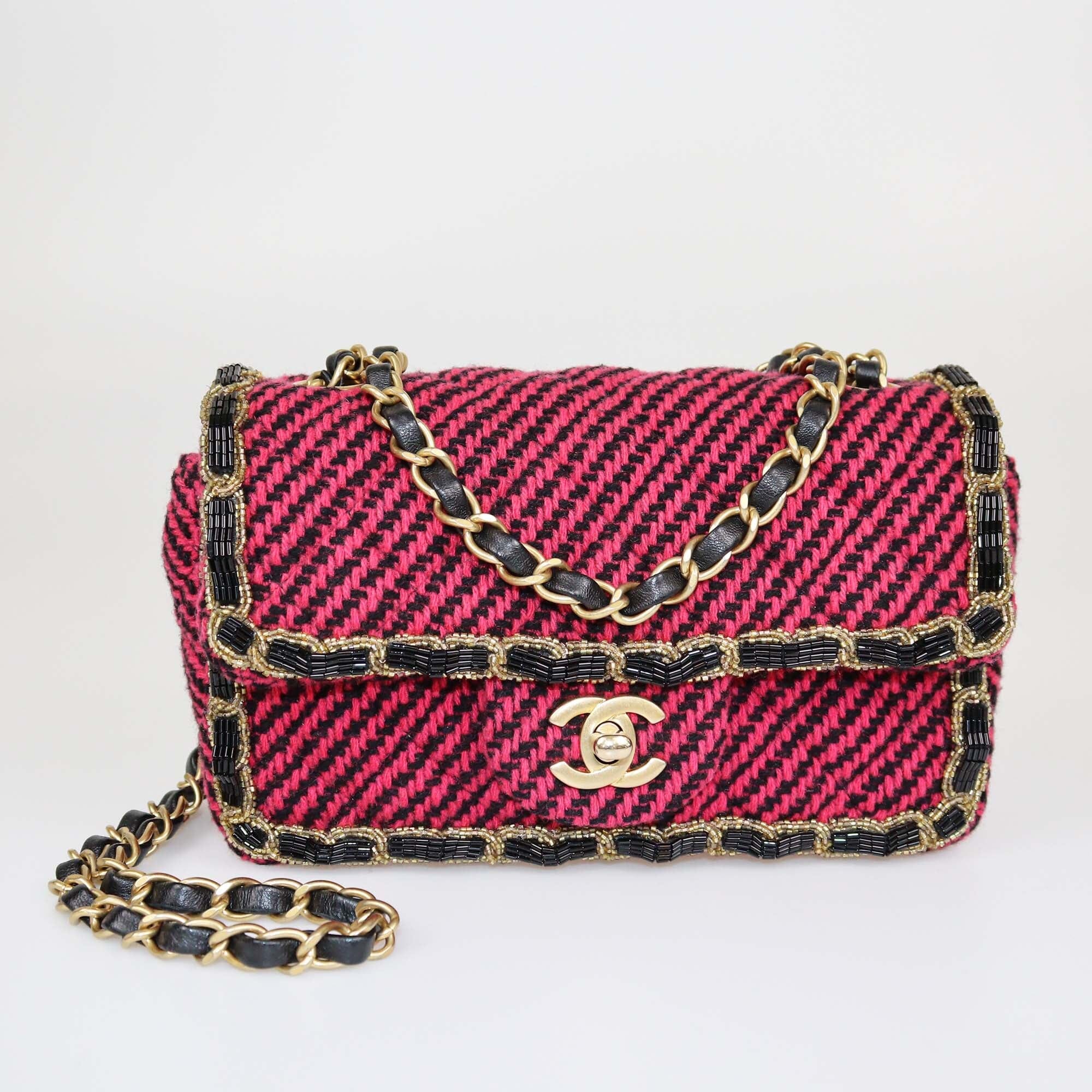 Chanel Magenta Quilted New Mini Tweed Beads Embellished Classic Flap Bag Womens Chanel 