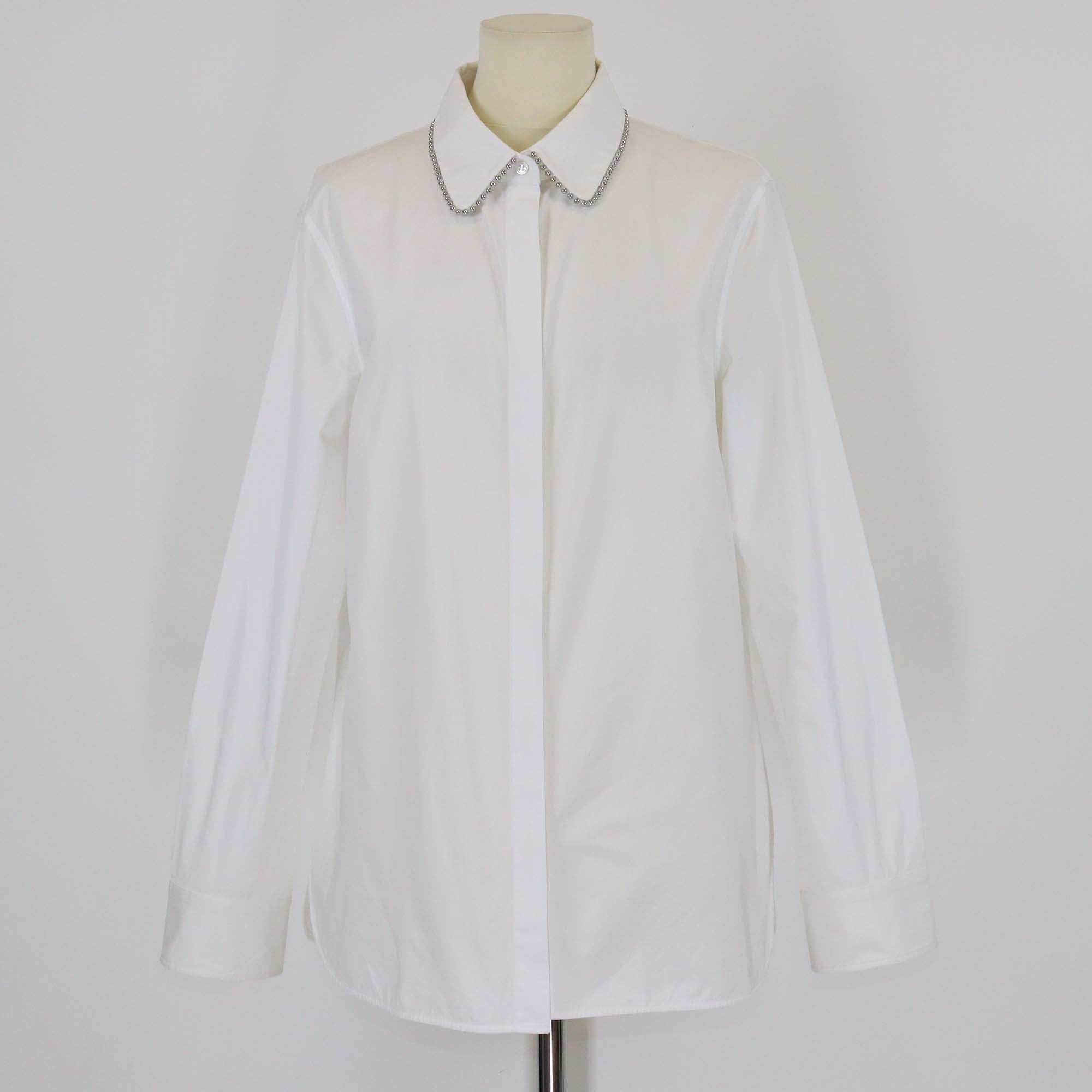 Alexander Wang White Cotton Poplin Beaded Collar Long Sleeve Shirt