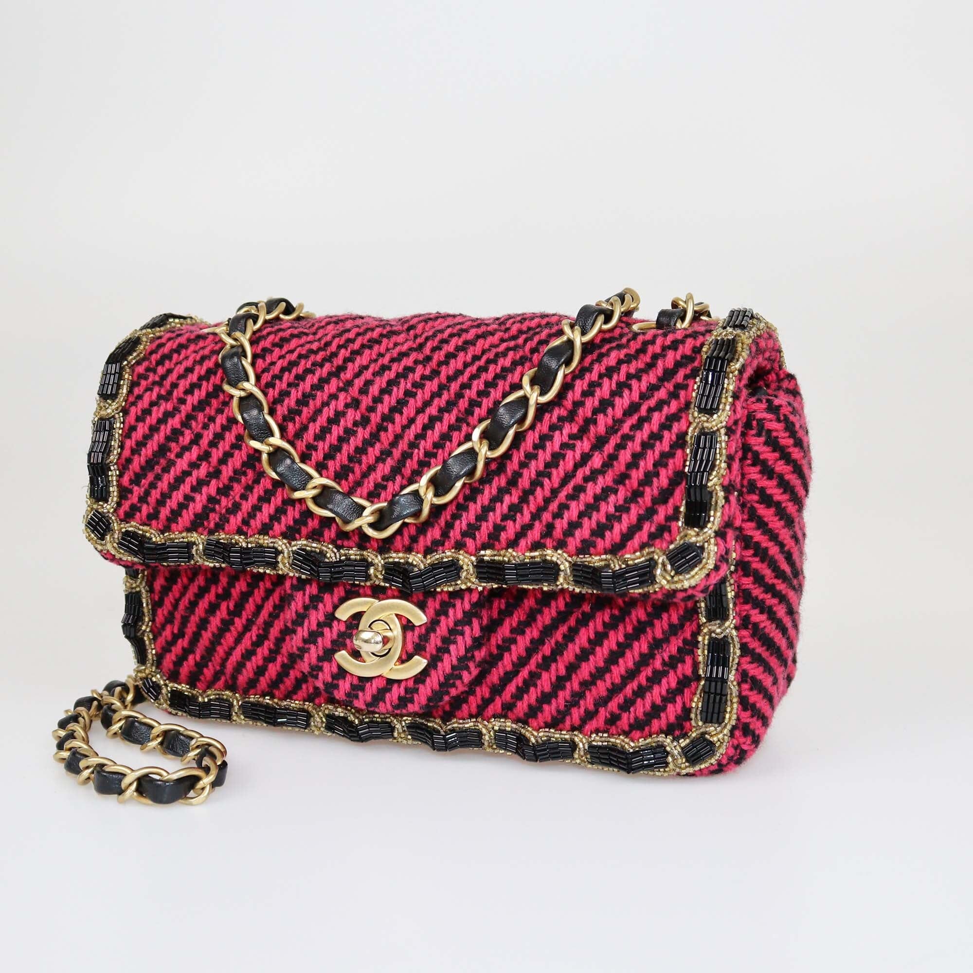 Chanel Magenta Quilted New Mini Tweed Beads Embellished Classic Flap Bag Womens Chanel 