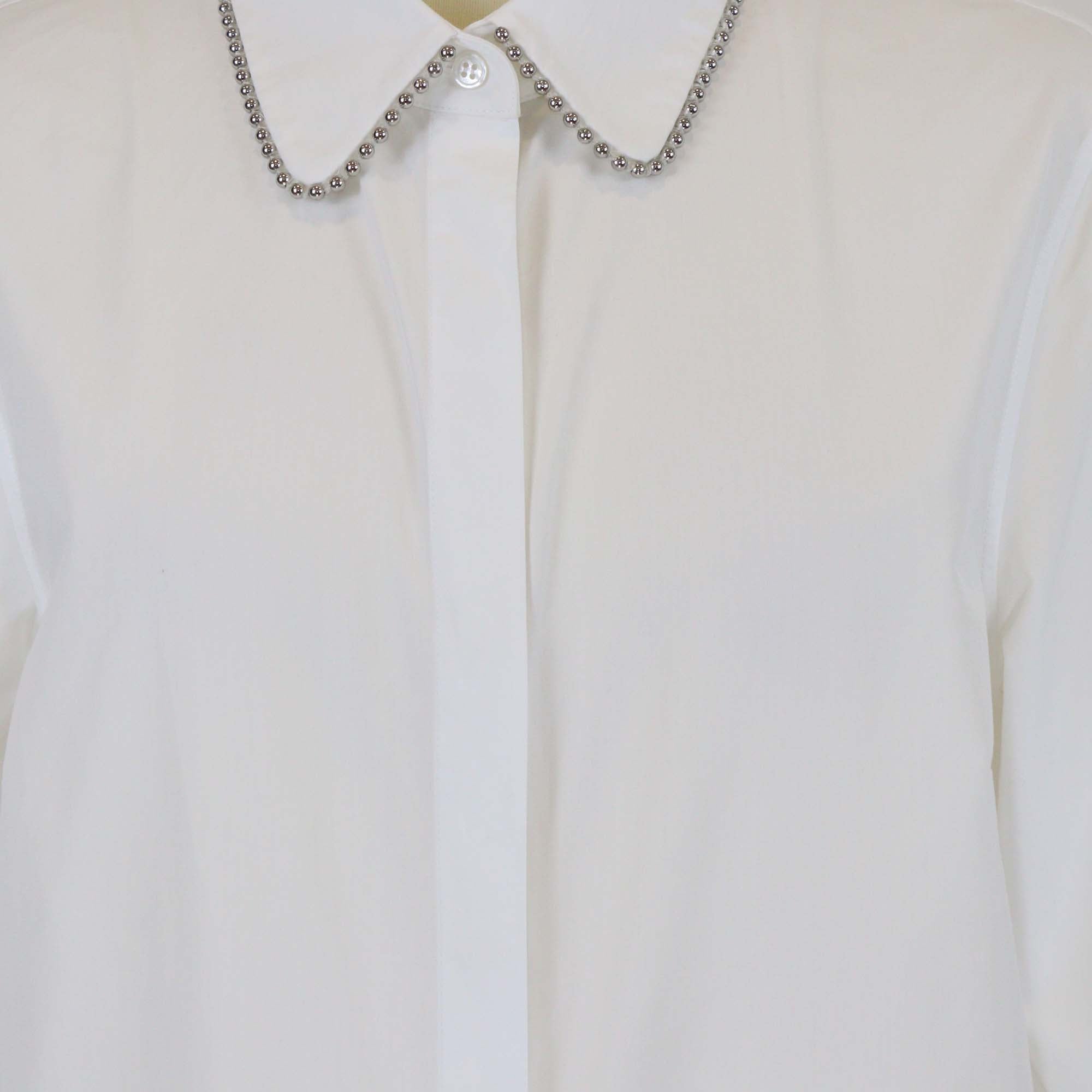Alexander Wang White Cotton Poplin Beaded Collar Long Sleeve Shirt