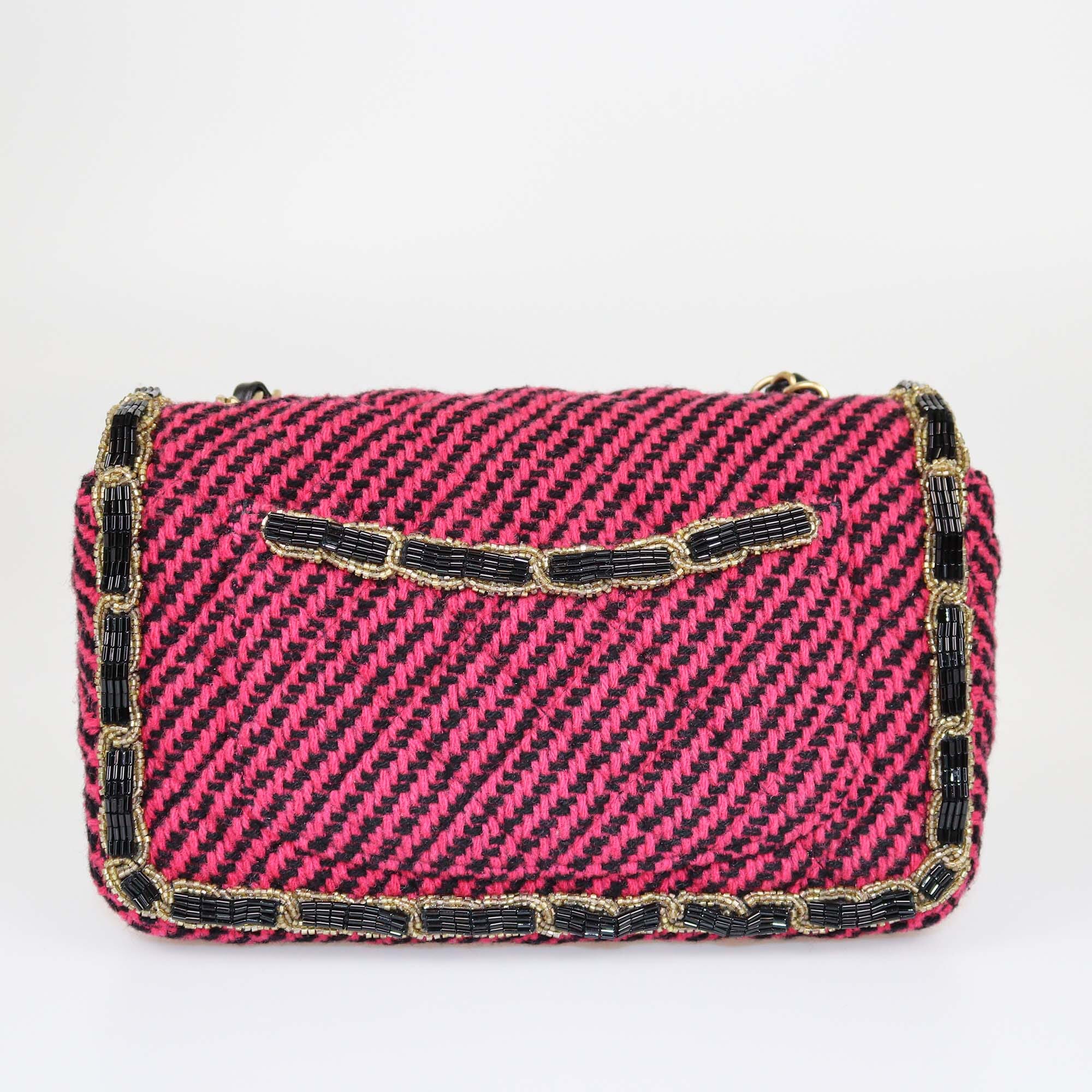 Chanel Magenta Quilted New Mini Tweed Beads Embellished Classic Flap Bag Womens Chanel 