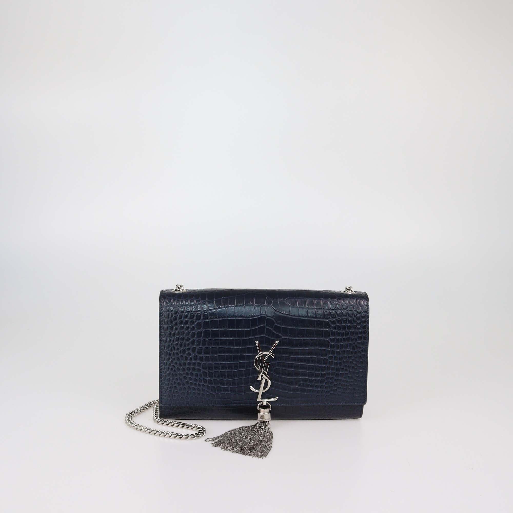 Saint Laurent Navy Blue Croc Embossed Leather Medium Kate Tassel Shoulder Bag