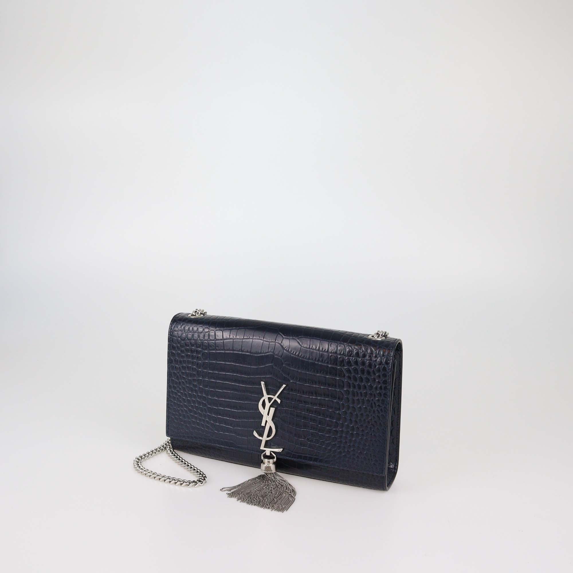 Saint Laurent Navy Blue Croc Embossed Leather Medium Kate Tassel Shoulder Bag