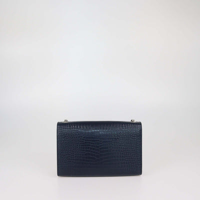 Saint Laurent Navy Blue Croc Embossed Leather Medium Kate Tassel Shoulder Bag