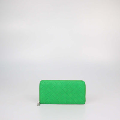 Bottega Veneta Green Intrecciato Leather Zip Around Wallet