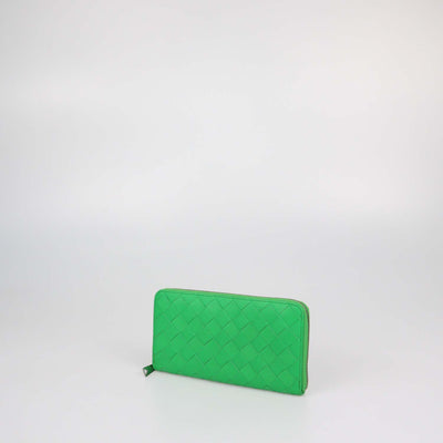 Bottega Veneta Green Intrecciato Leather Zip Around Wallet