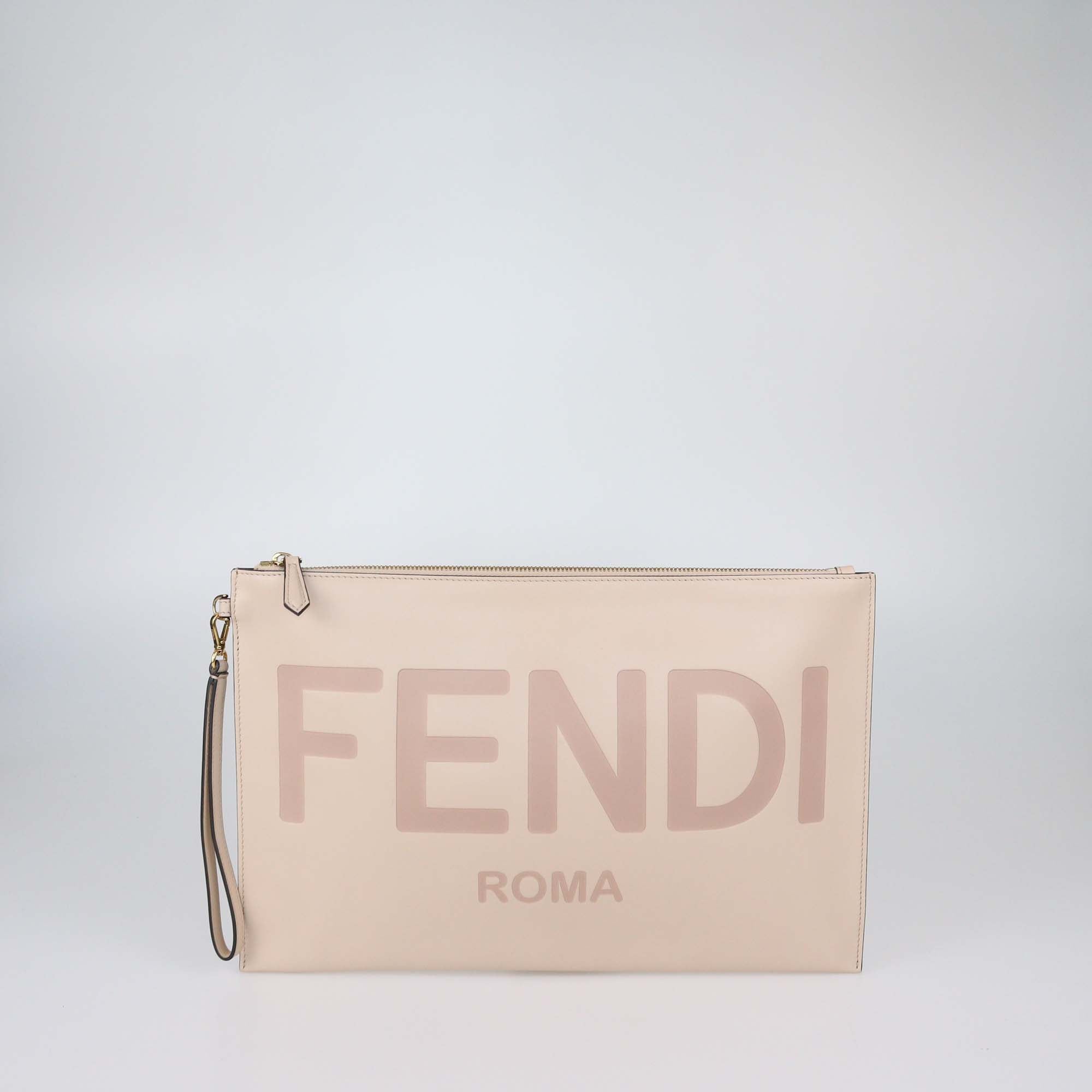 Fendi Beige Leather Large Script Flat Pouch