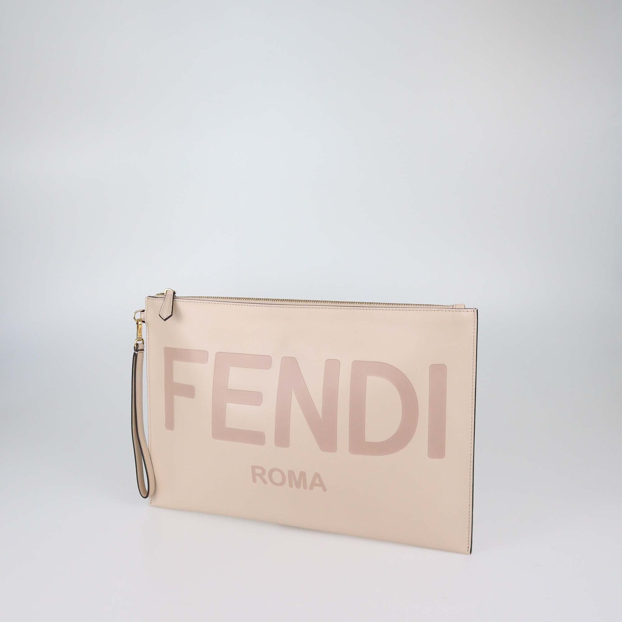 Fendi Beige Leather Large Script Flat Pouch