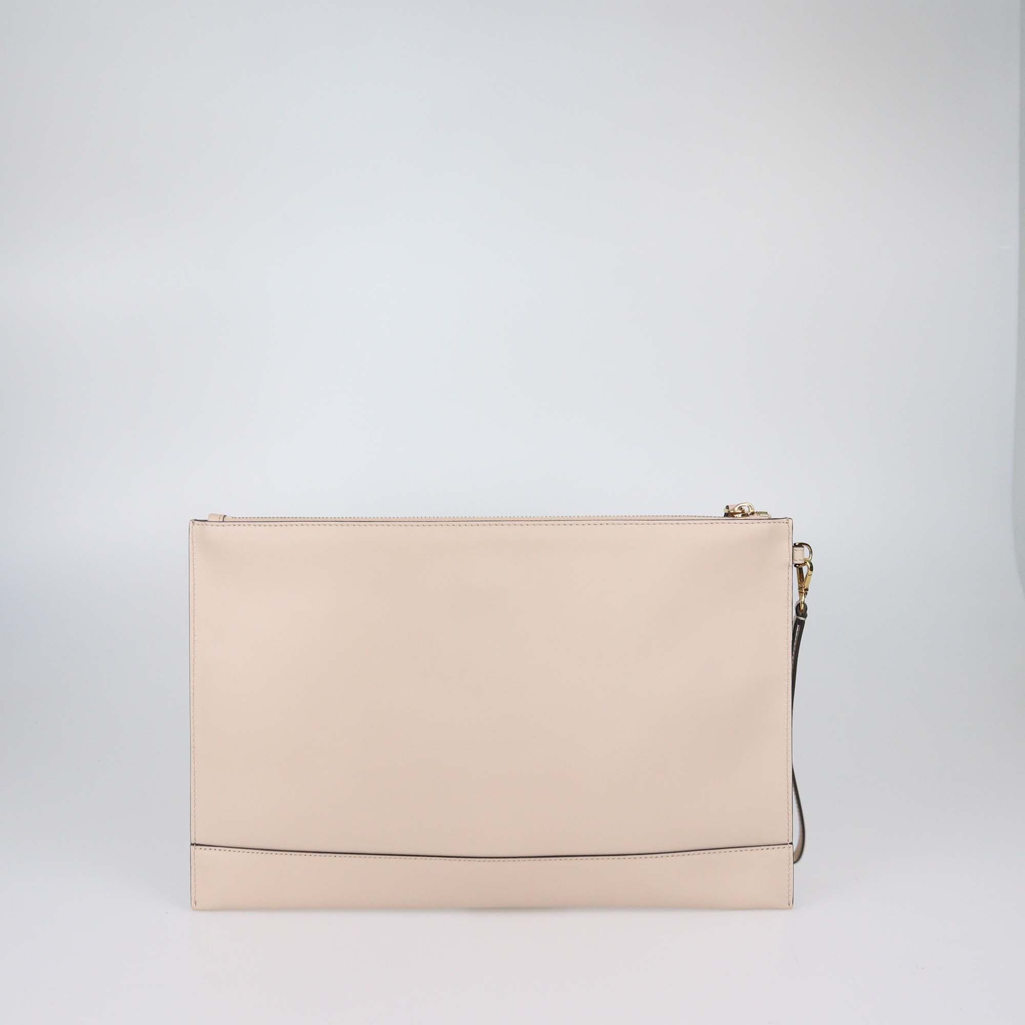 Fendi Beige Leather Large Script Flat Pouch
