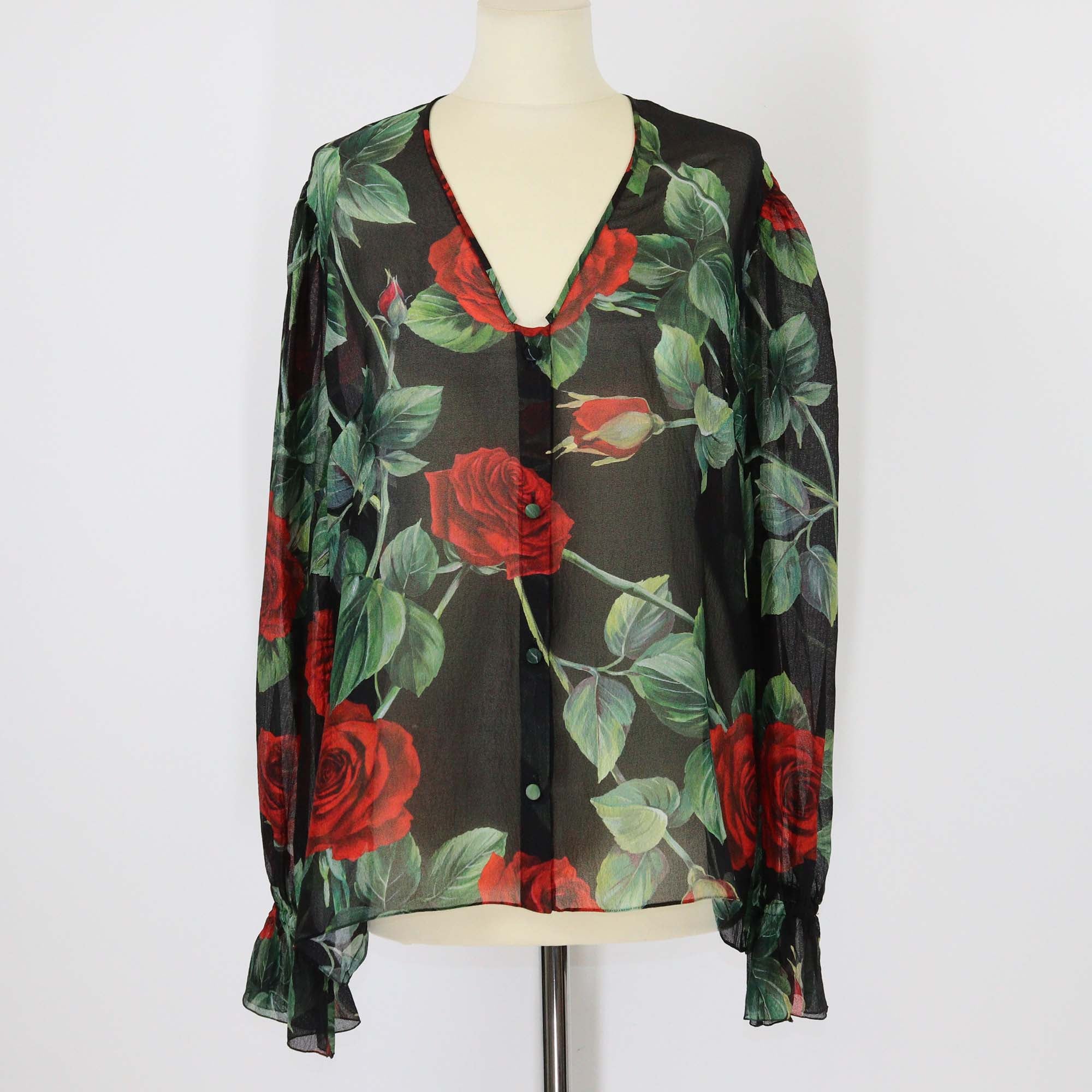 Dolce & Gabbana Black Rose Print Long Sleeve Sheer Blouse