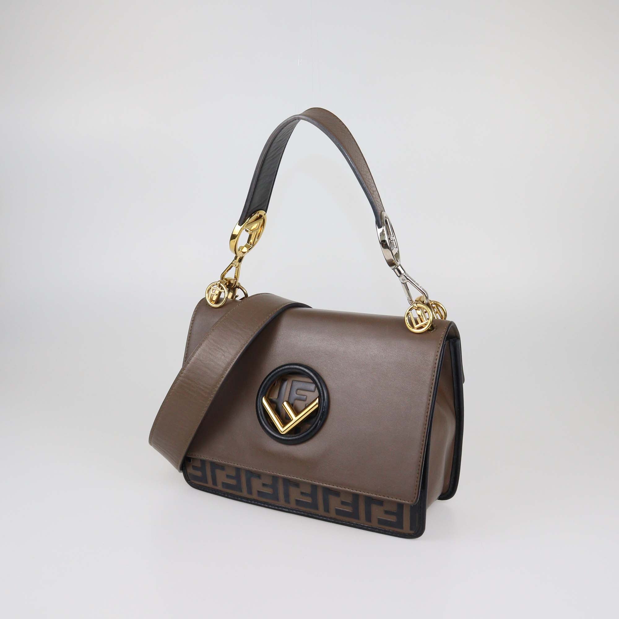 Fendi Beige/Black FF Leather Kan I F Logo Shoulder Bag