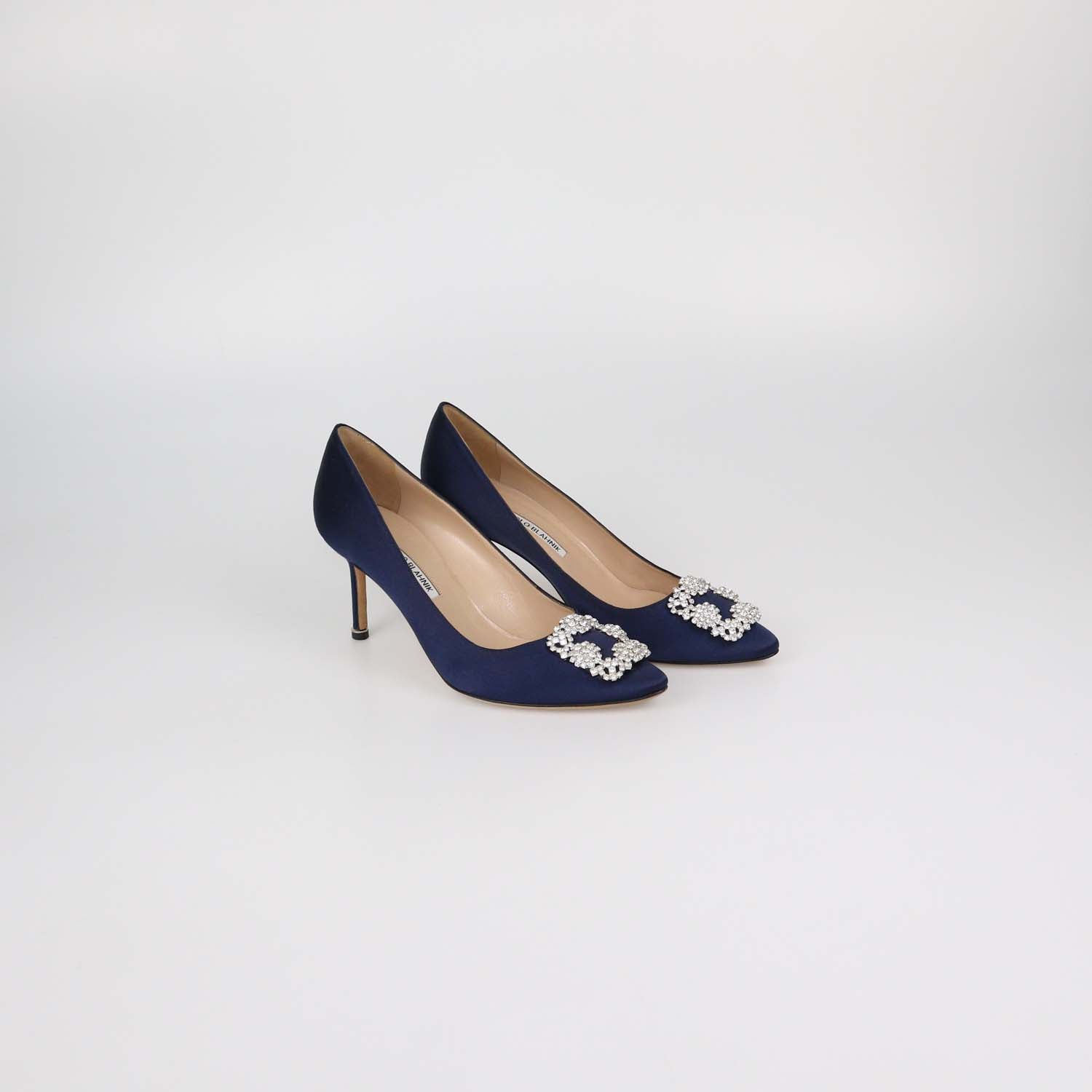 Manolo Blahnik Navy Blue Satin Hangisi Pumps