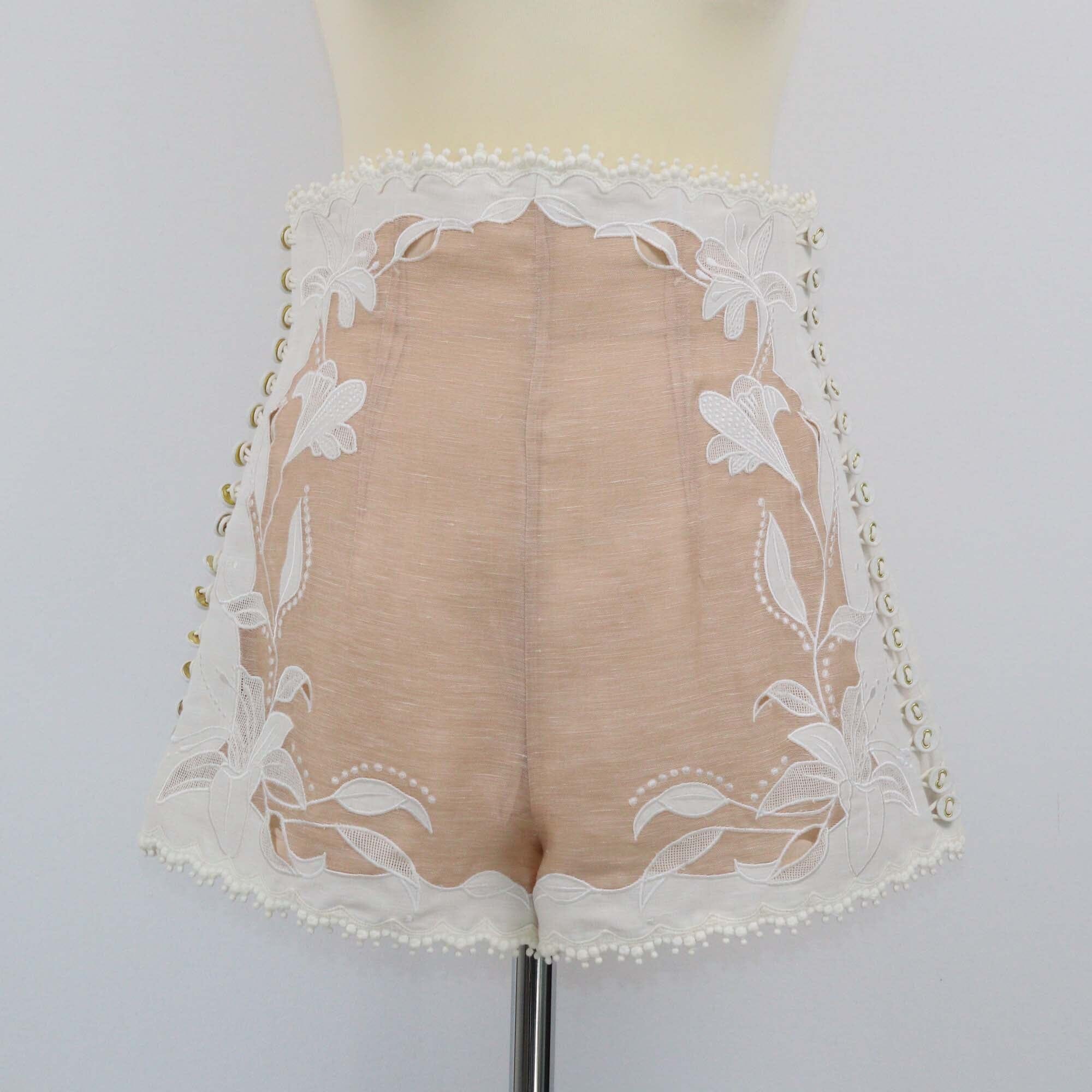 Zimmermann White/Pale Pink Corsage Lily Embroidered High Waist Short Womens Zimmermann 