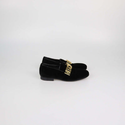 Moschino Black Velvet Metal Logo Slip On Loafers