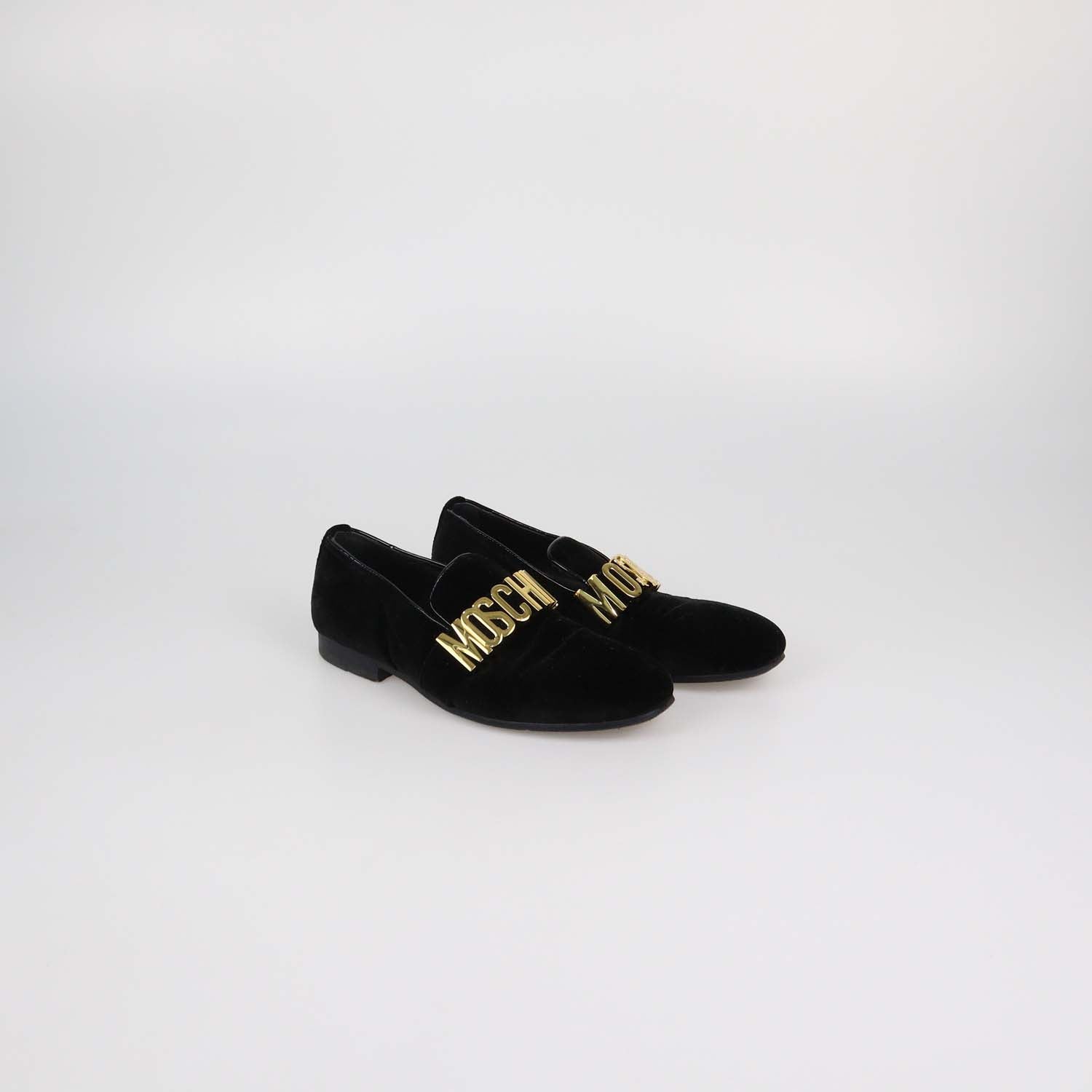 Moschino Black Velvet Metal Logo Slip On Loafers