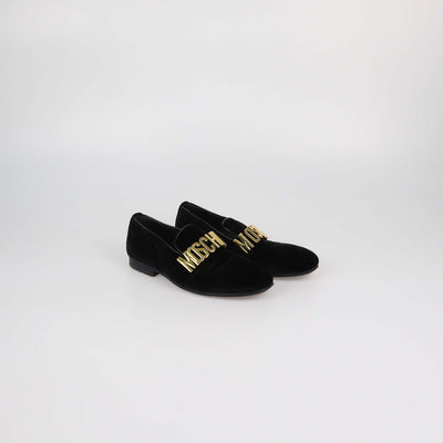 Moschino Black Velvet Metal Logo Slip On Loafers