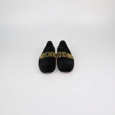 Moschino Black Velvet Metal Logo Slip On Loafers