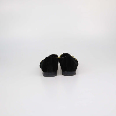 Moschino Black Velvet Metal Logo Slip On Loafers