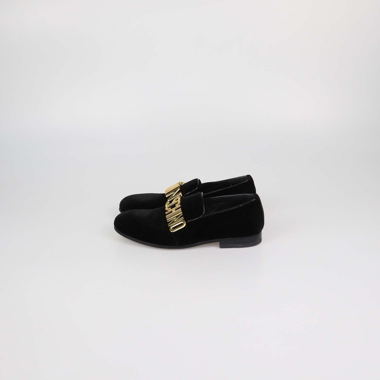 Moschino Black Velvet Metal Logo Slip On Loafers
