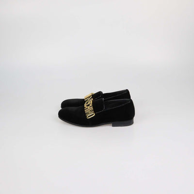 Moschino Black Velvet Metal Logo Slip On Loafers