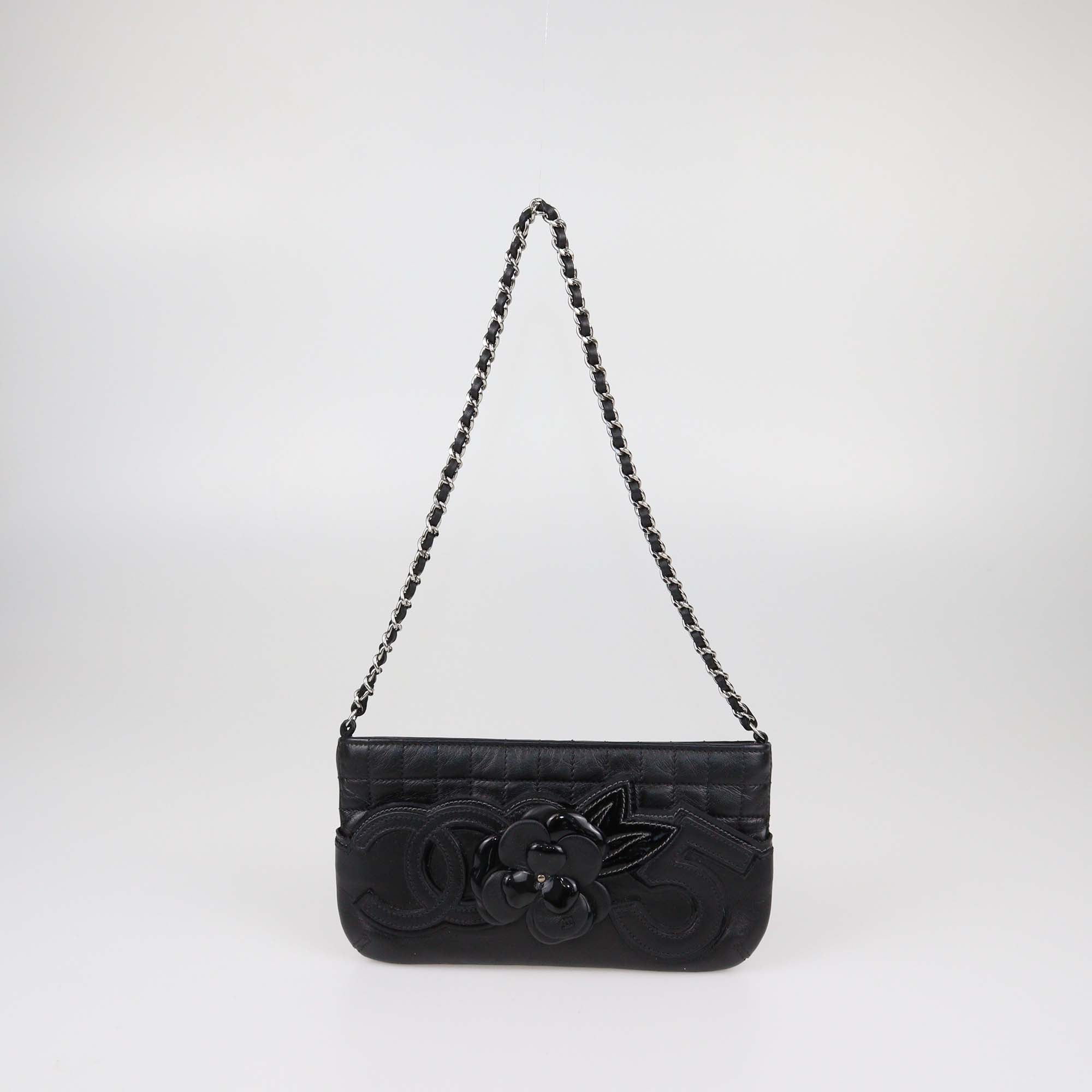 Chanel Black Choco Bar Leather Camellia No.5 Pochette Bag