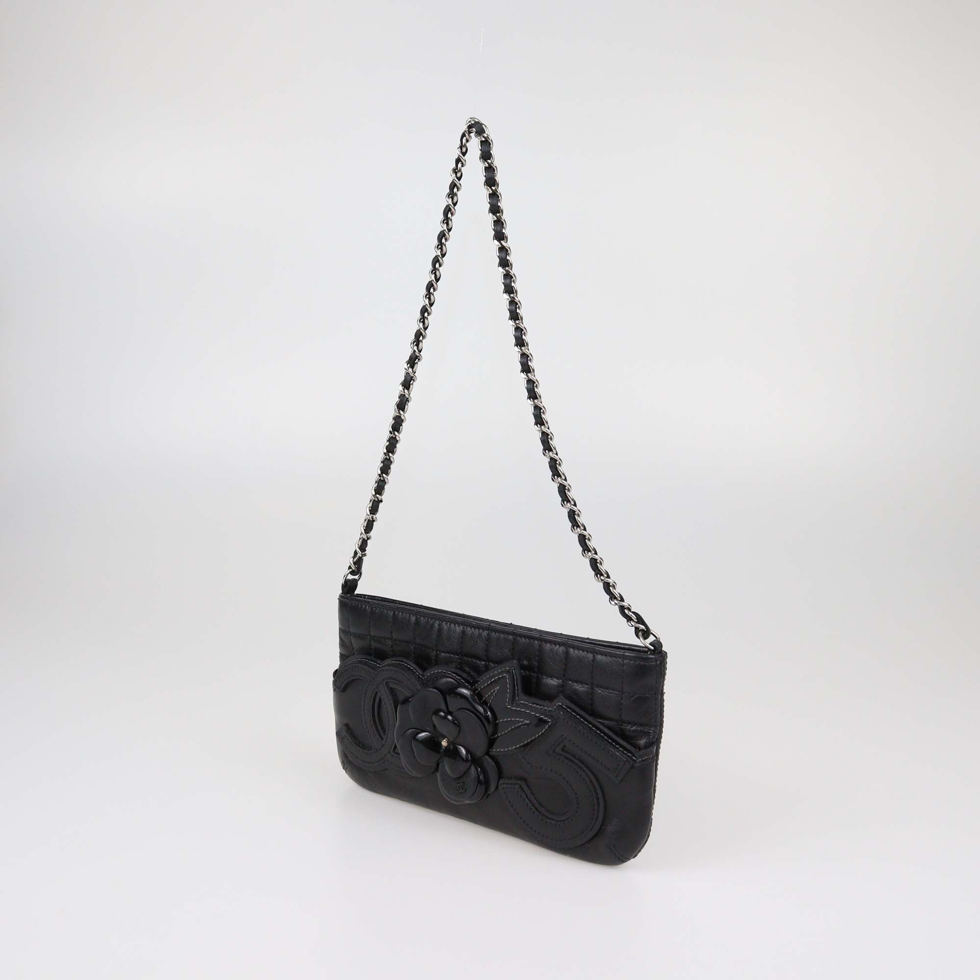 Chanel Black Choco Bar Leather Camellia No.5 Pochette Bag