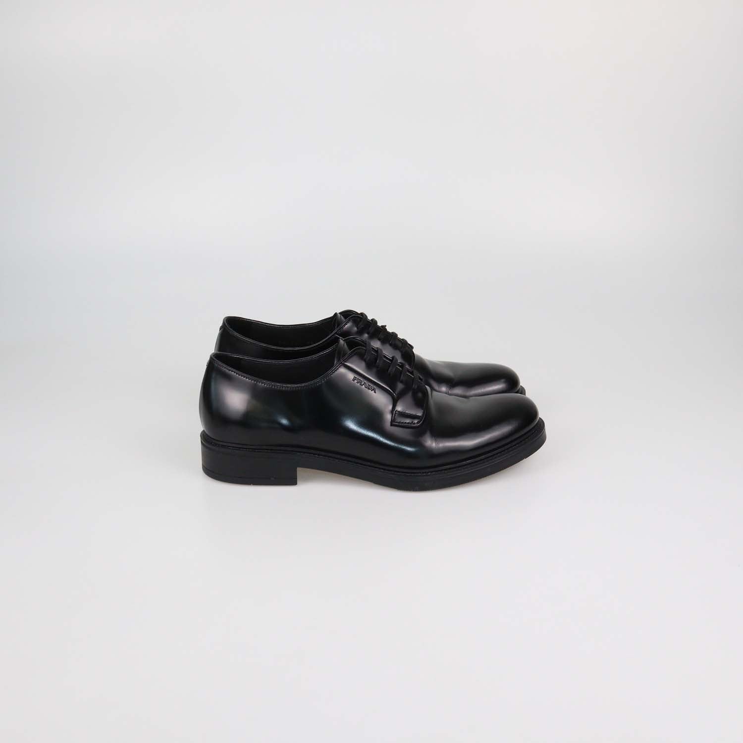 Prada Black Brushed Leather Lace Up Derby Loafers