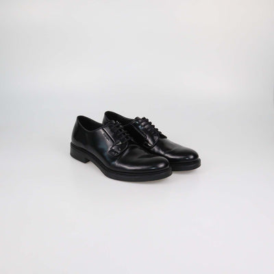 Prada Black Brushed Leather Lace Up Derby Loafers