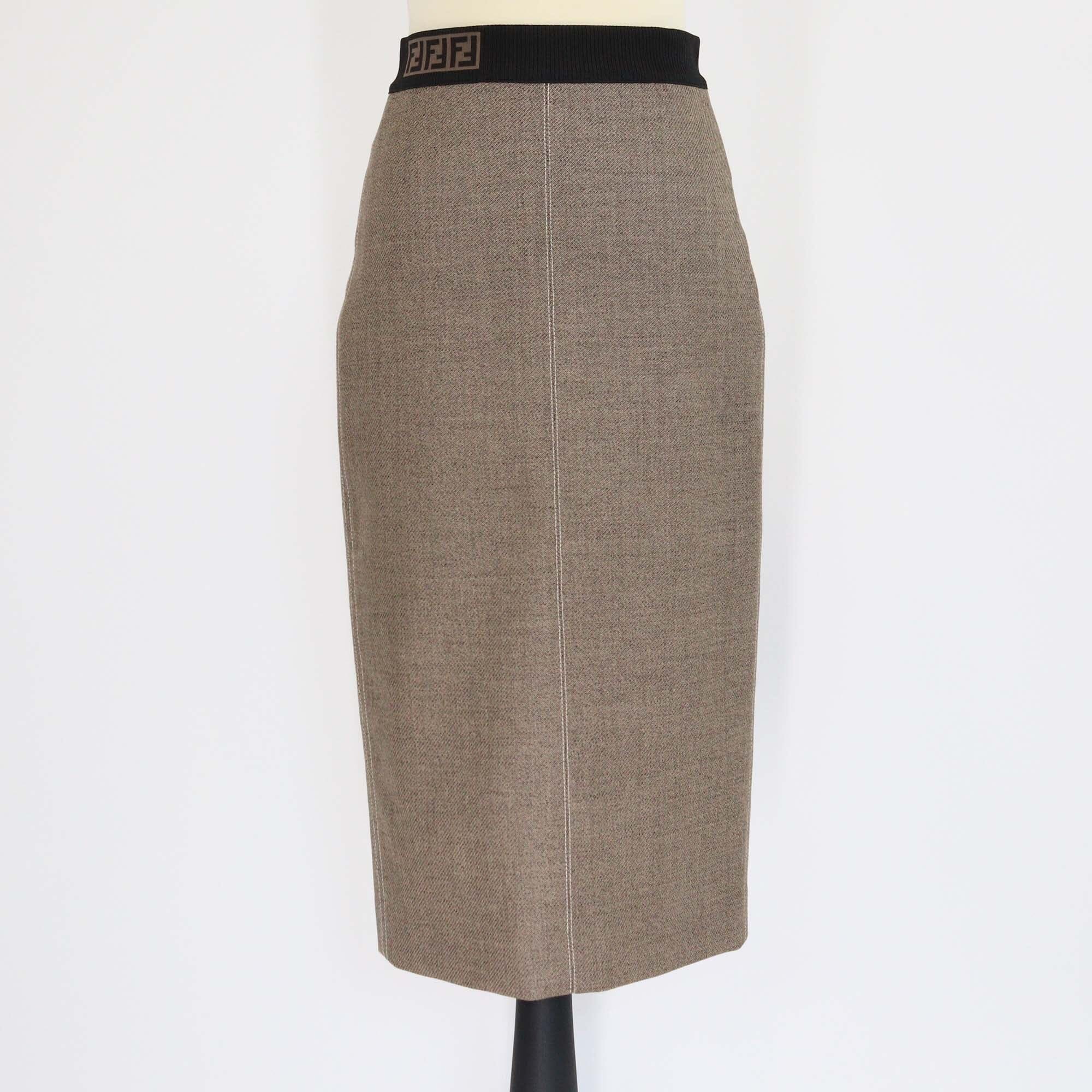 Fendi Black/Beige Logo Knit Waistband Detail Midi Skirt Womens Fendi 