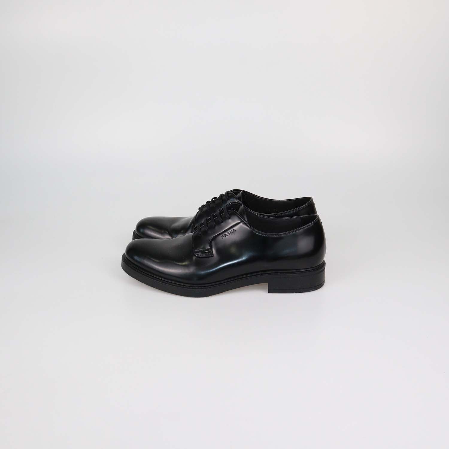 Prada Black Brushed Leather Lace Up Derby Loafers