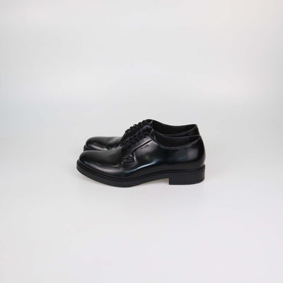 Prada Black Brushed Leather Lace Up Derby Loafers
