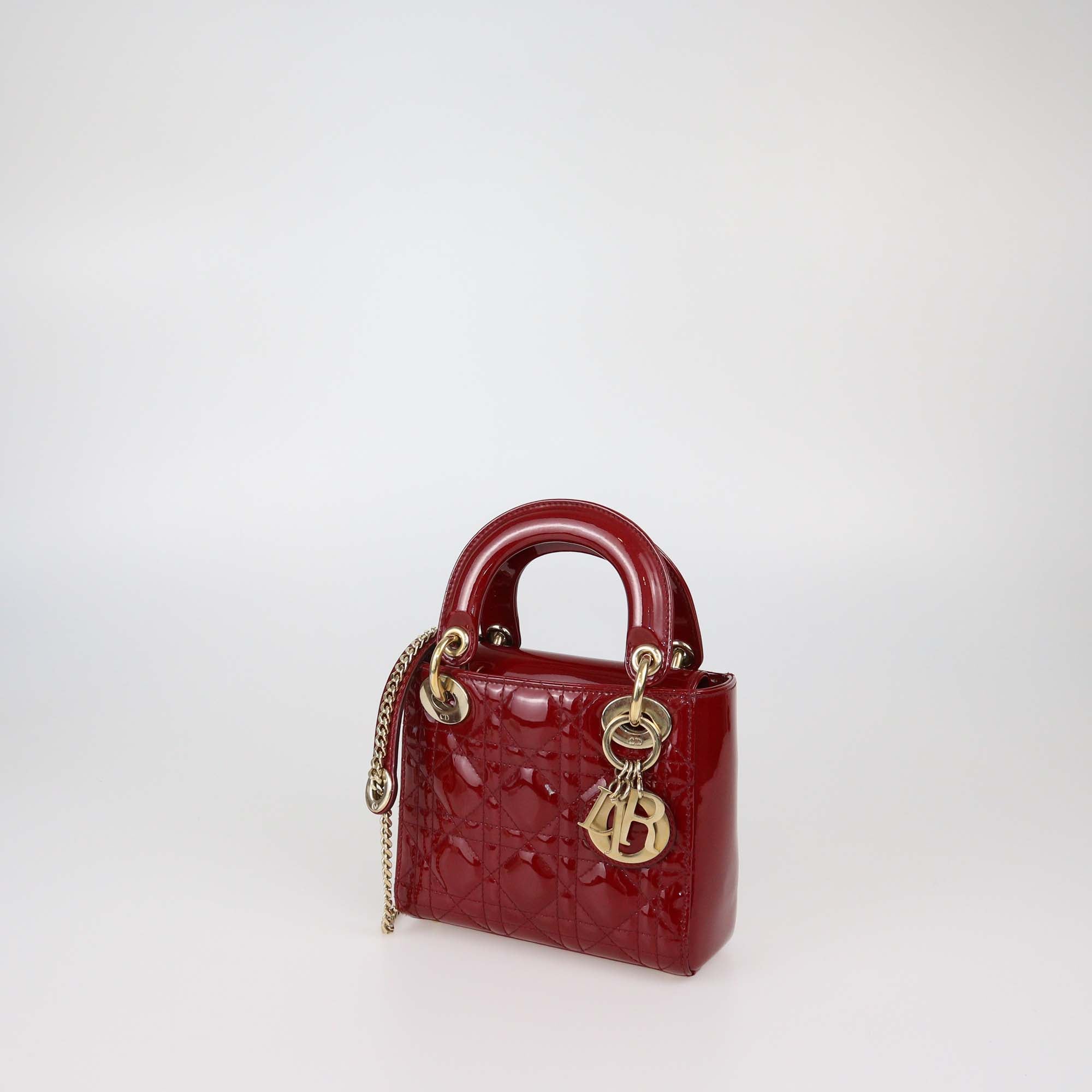 Christian Dior Red Cannage Patent Leather Mini Lady Dior Tote