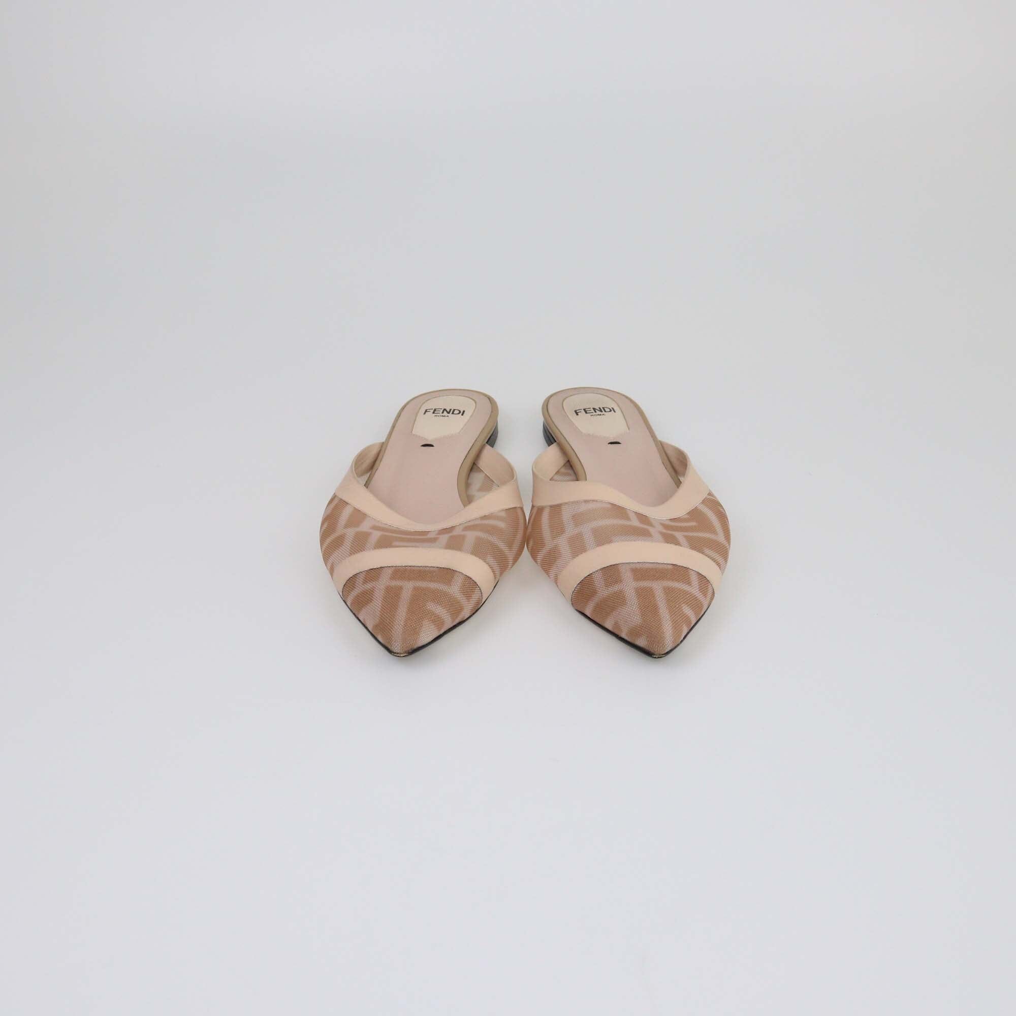 Fendi Two Tone Beige FF Colibri Flat Mules Womens Fendi 