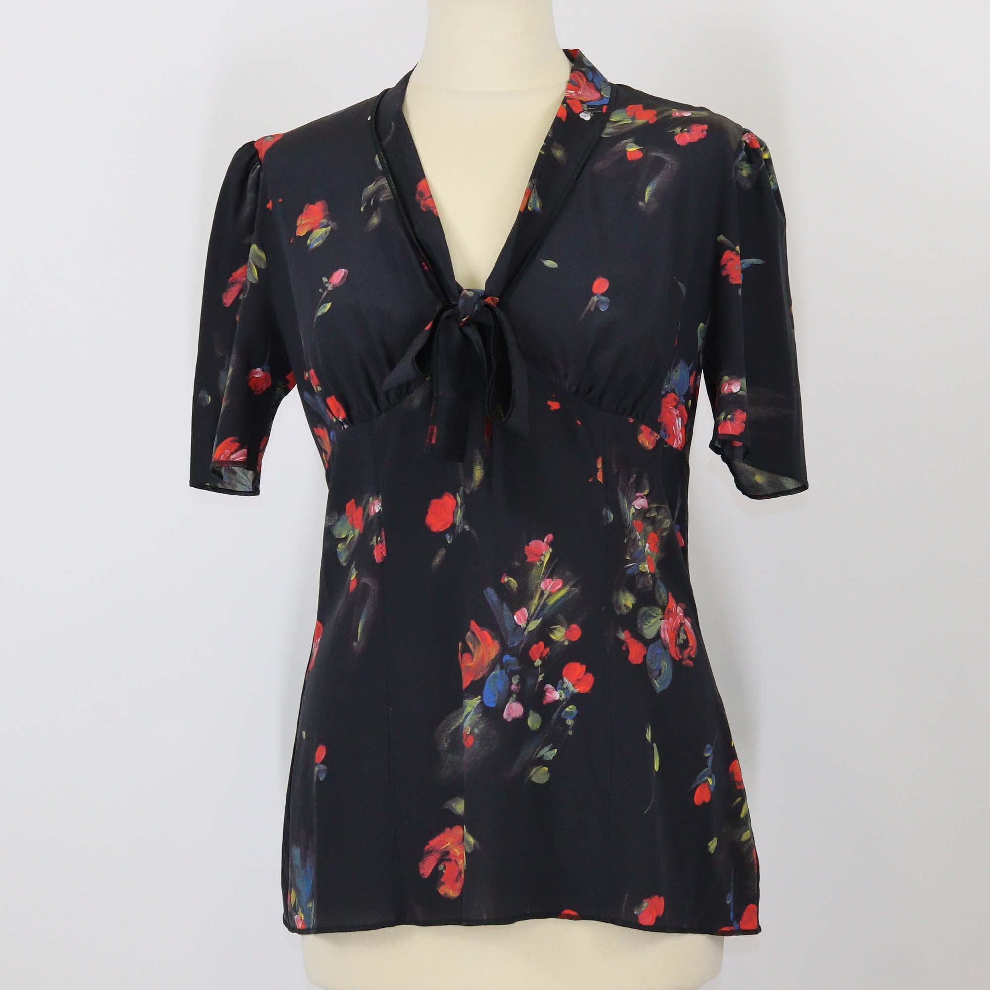 Dolce & Gabbana Black Silk Floral Print Tie Blouse