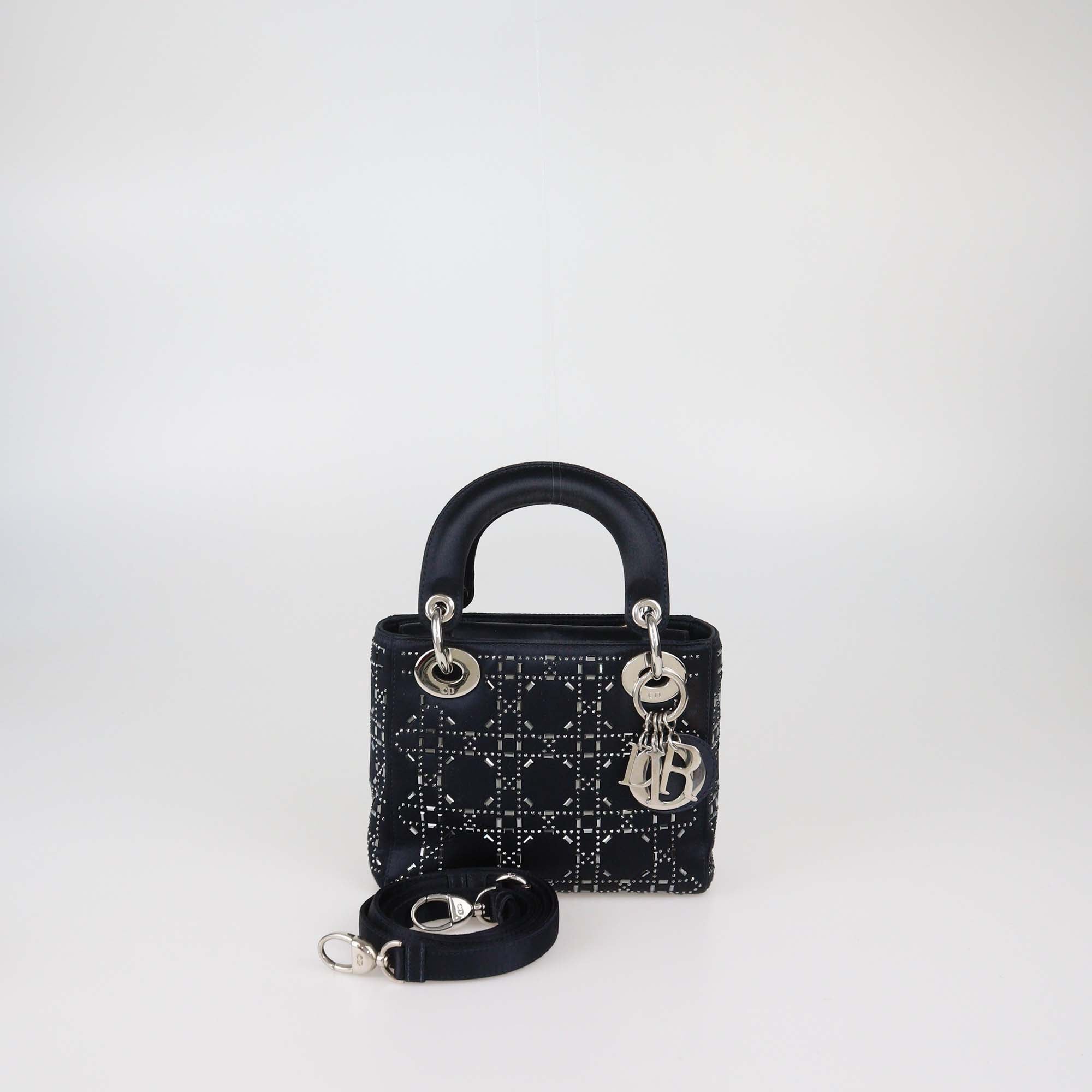 Christian Dior Black Strass Cannage Satin Mini Lady Dior Tote