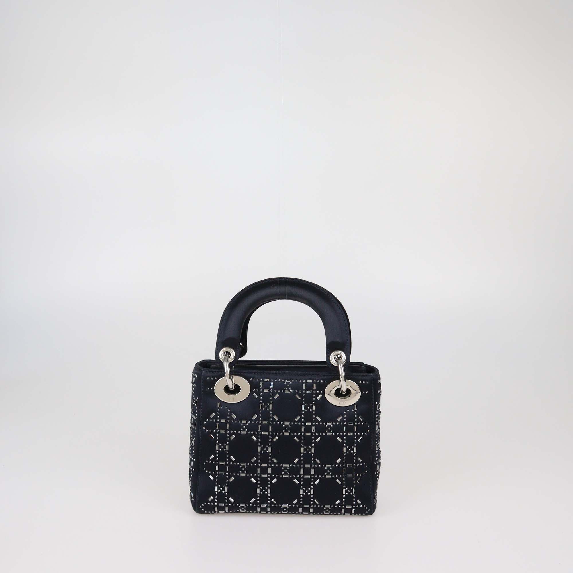 Christian Dior Black Strass Cannage Satin Mini Lady Dior Tote
