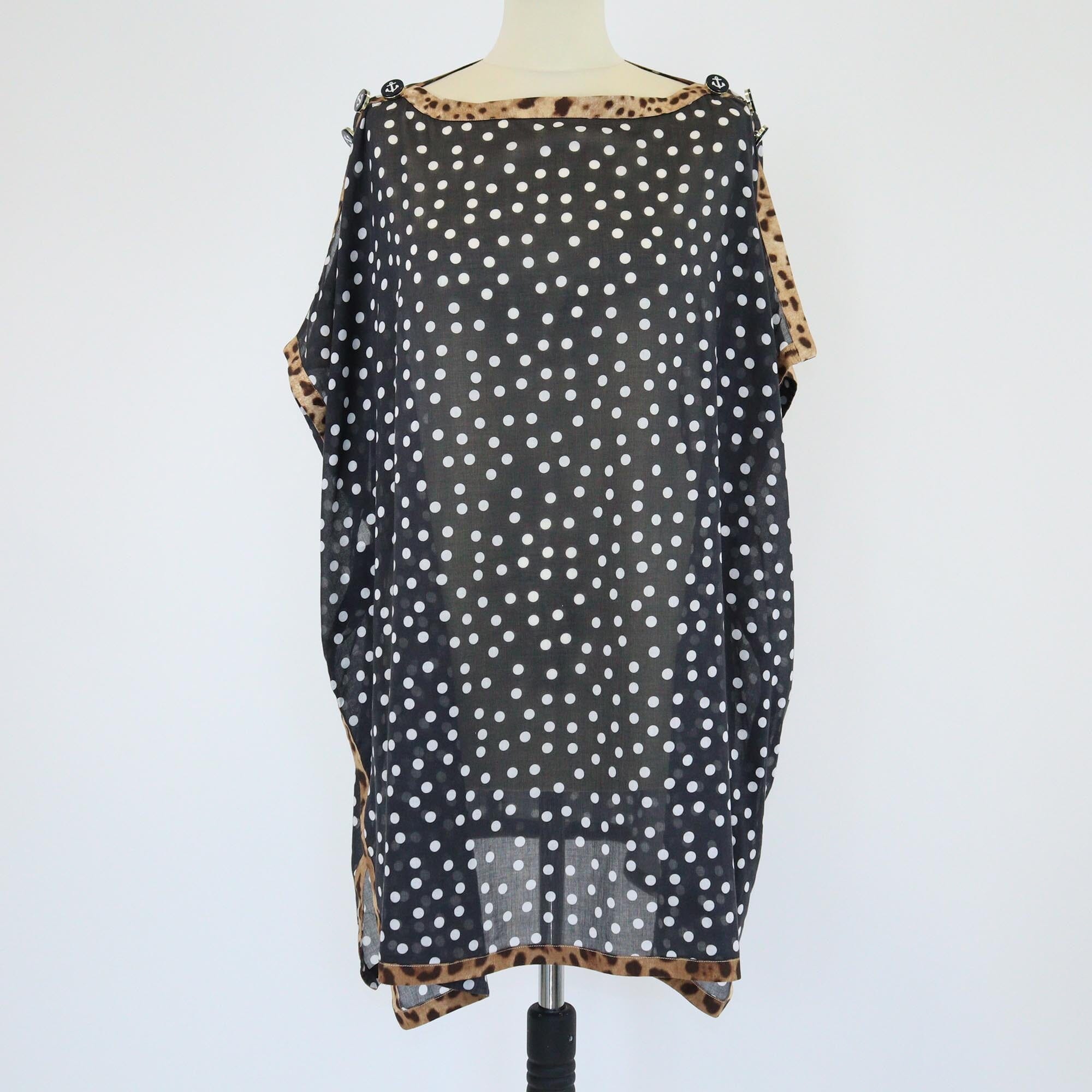 Dolce & Gabbana Black Leopard Trim Polka Dot Print Shoulder Button Kaftan Womens Dolce & Gabbana 