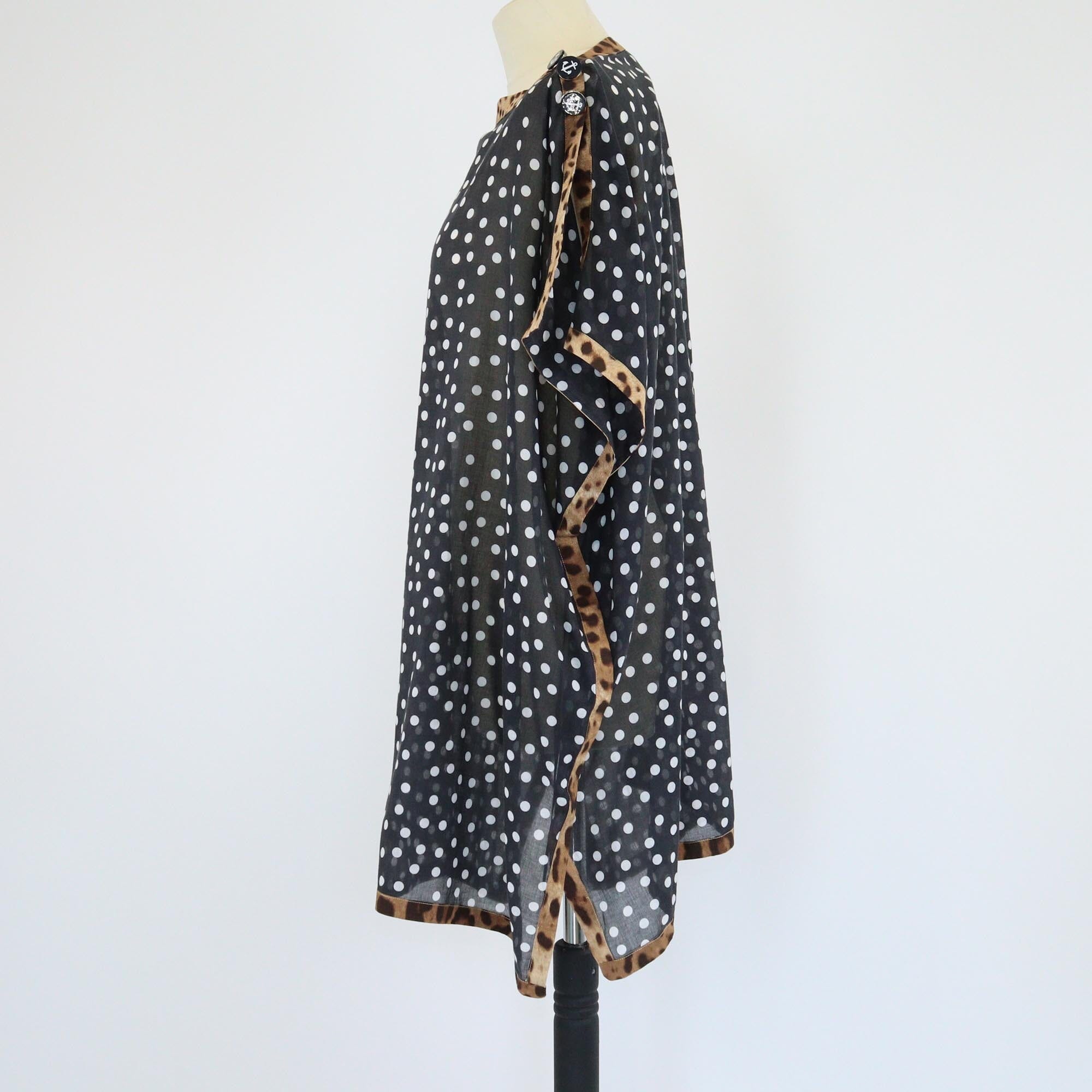 Dolce & Gabbana Black Leopard Trim Polka Dot Print Shoulder Button Kaftan