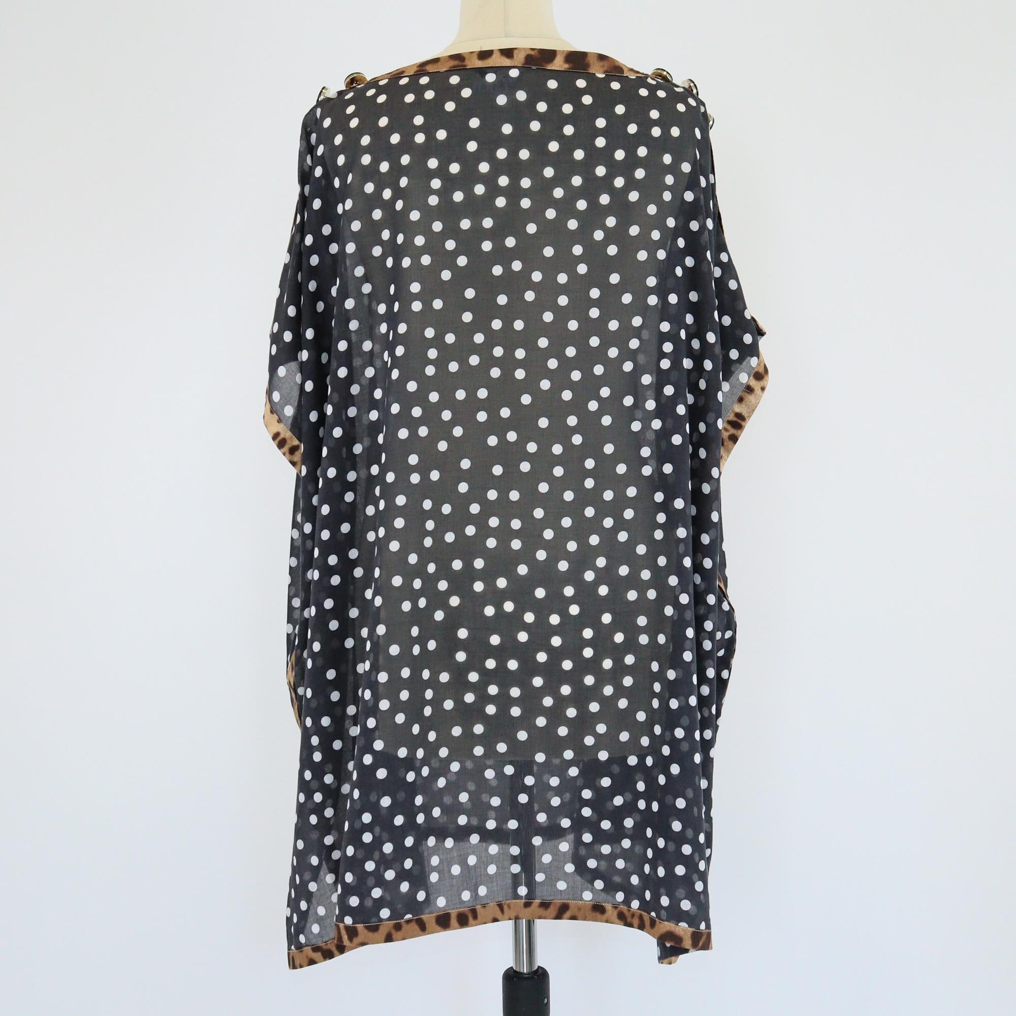 Dolce & Gabbana Black Leopard Trim Polka Dot Print Shoulder Button Kaftan Womens Dolce & Gabbana 