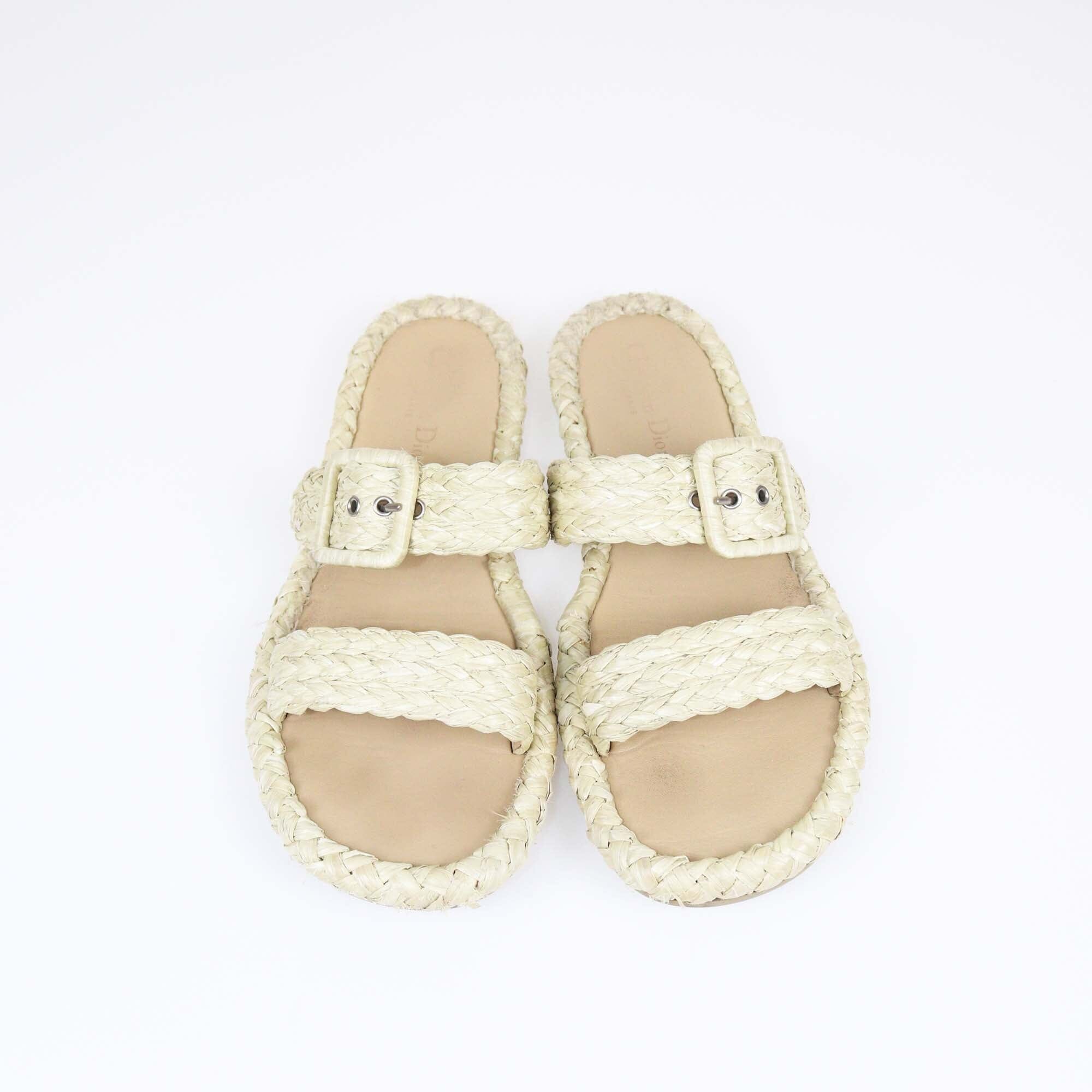 Christian Dior Natural Woven Flat Slides Womens Christian Dior 