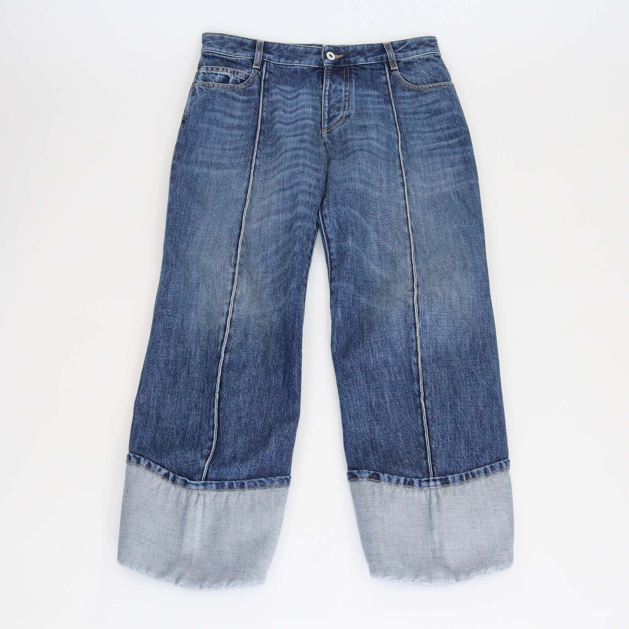 Bottega Veneta Blue Denim Washed Folded Hem Straight Cut Jeans Womens Bottega Veneta 