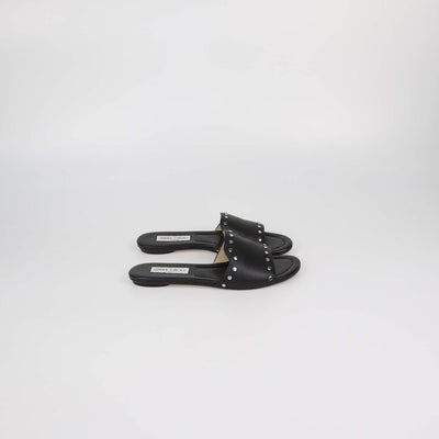 Jimmy Choo Black Leather Studded Nanda Flat Slides
