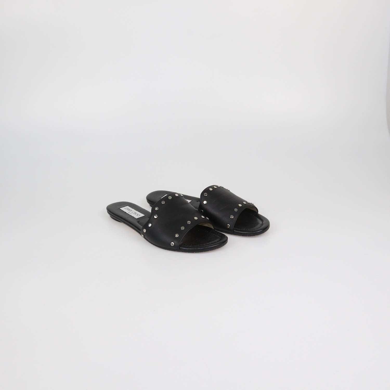 Jimmy Choo Black Leather Studded Nanda Flat Slides