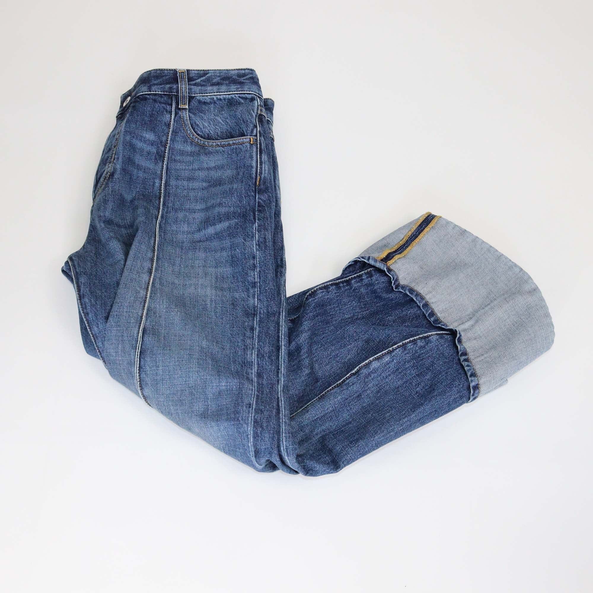 Bottega Veneta Blue Denim Washed Folded Hem Straight Cut Jeans Womens Bottega Veneta 