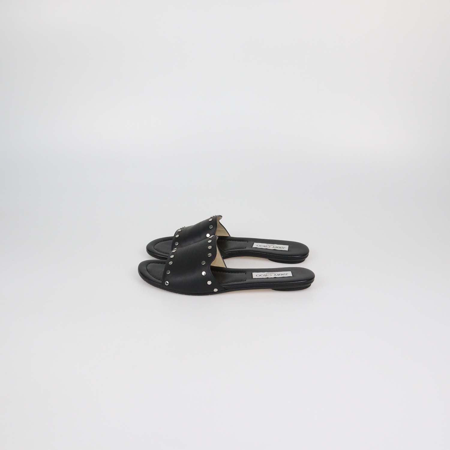 Jimmy Choo Black Leather Studded Nanda Flat Slides