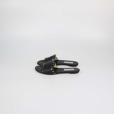 Jimmy Choo Black Leather Studded Nanda Flat Slides
