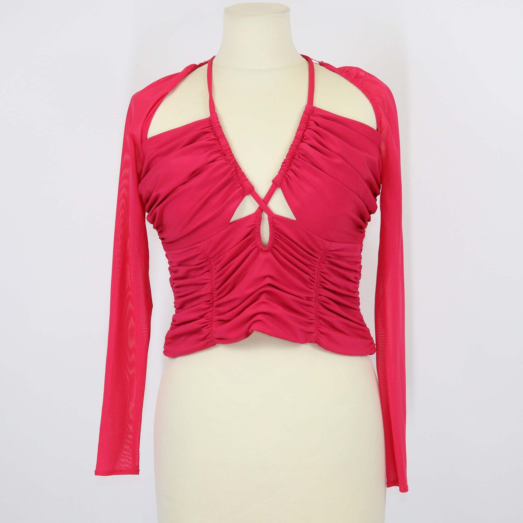 Self-Portrait Fuchsia Jersey Ruched Mesh Sleeve Cut Out Top