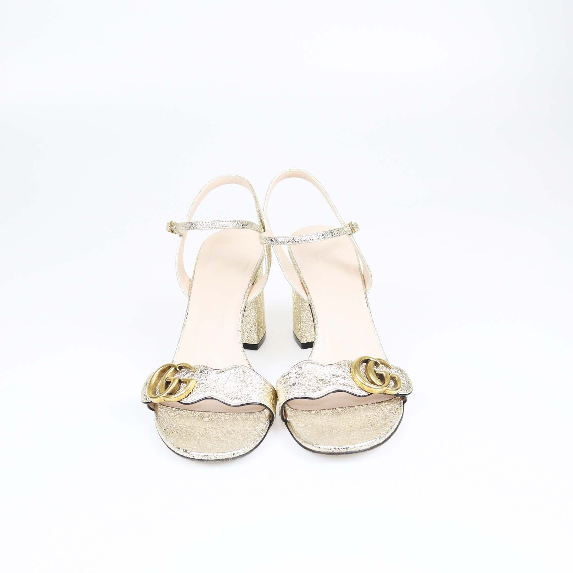 Gucci Gold Crinkled Mid Heel Double G Ankle Strap Sandals