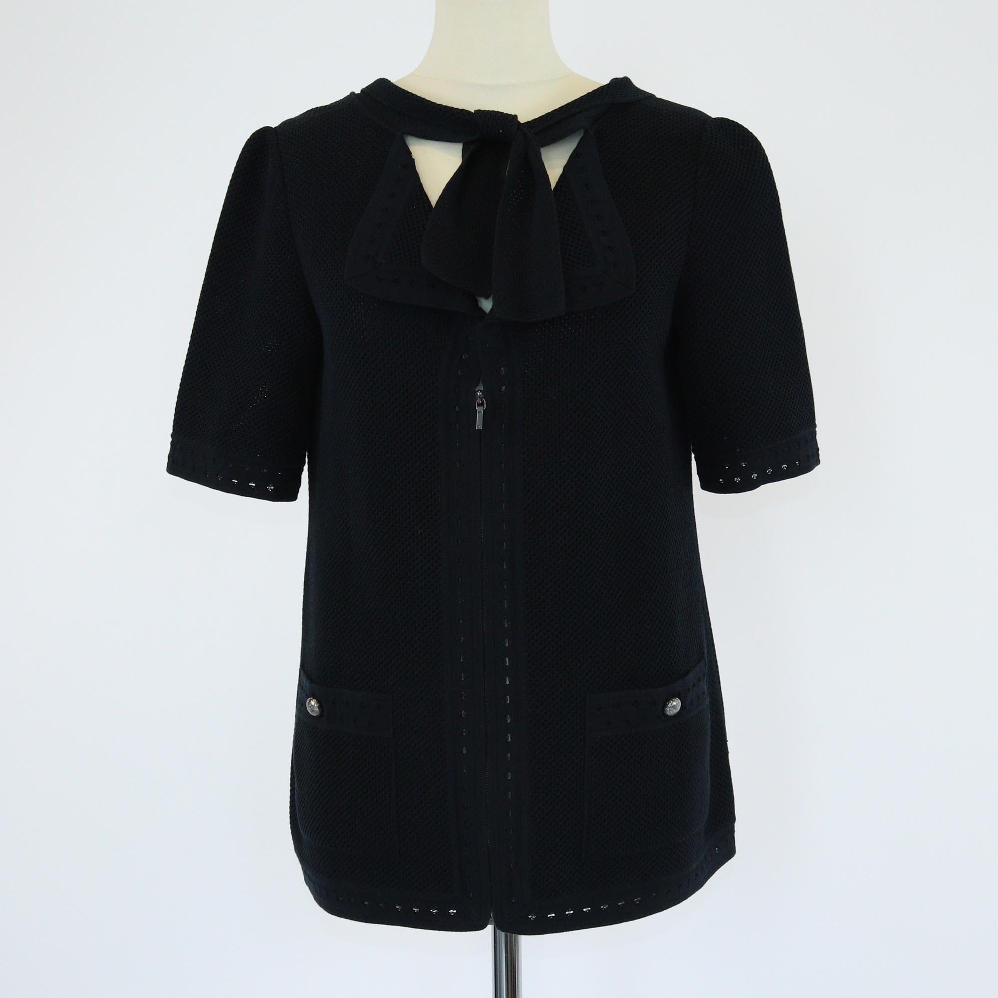Chanel Black Mesh Front Zip Short Sleeve Top Womens Chanel 
