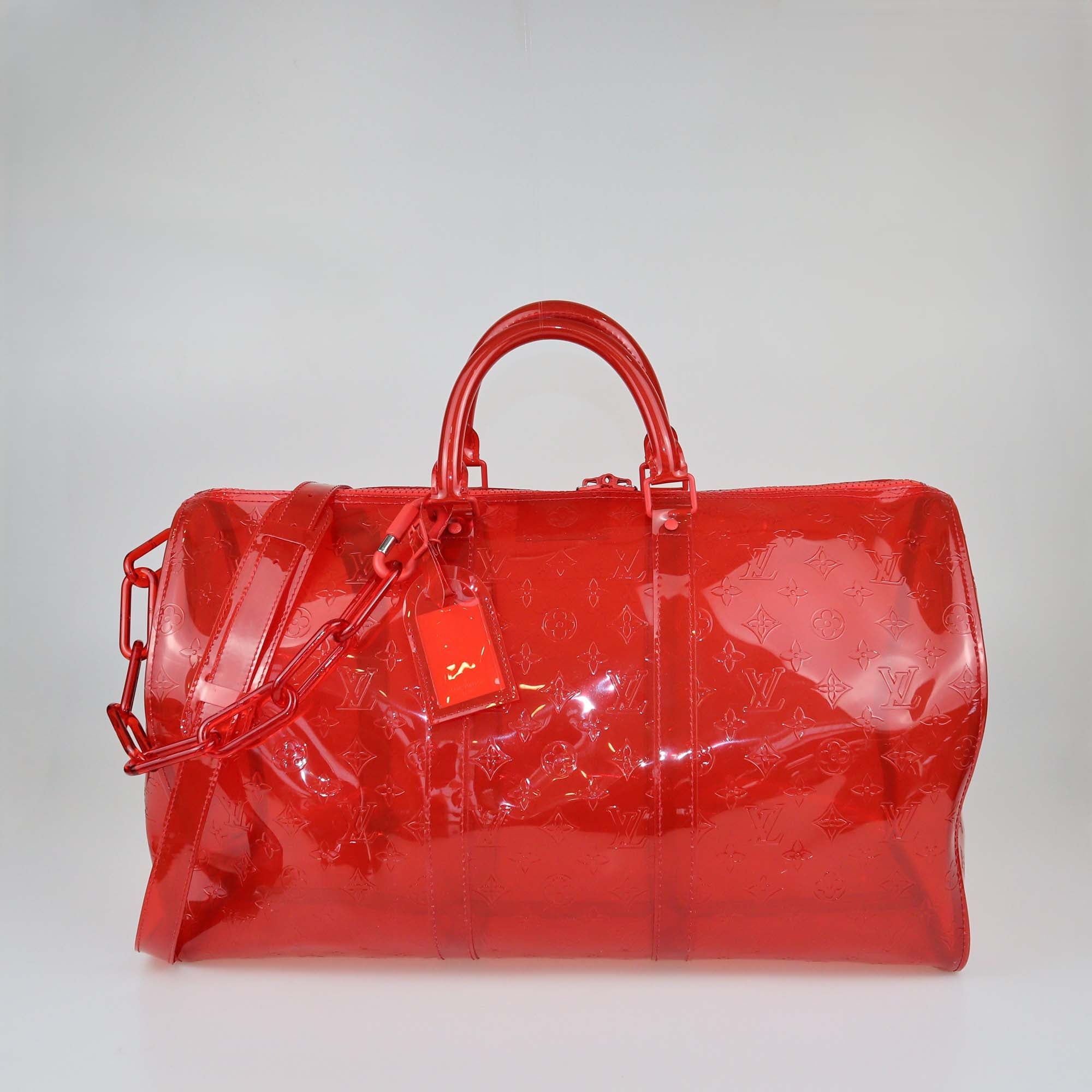 Hermes Clear Red Monogram PVC Keepall Bandouliere 50 Bag